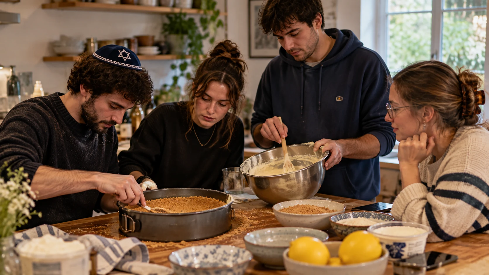 Young adults making cheesecake together