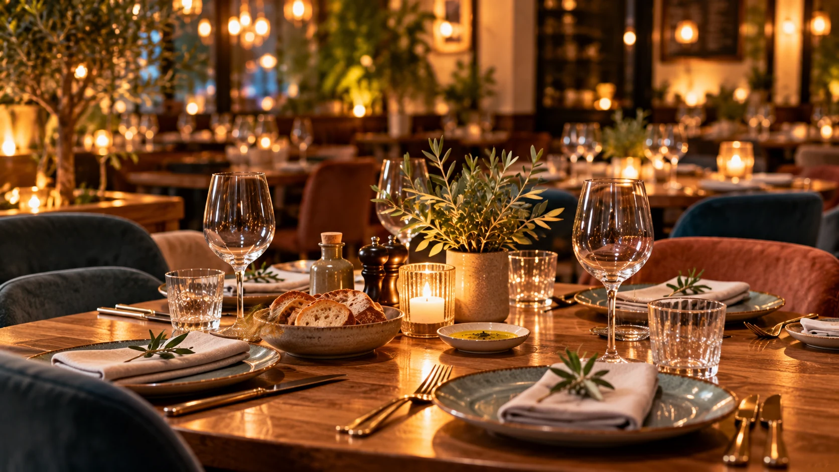 Restaurant table set for a social meal